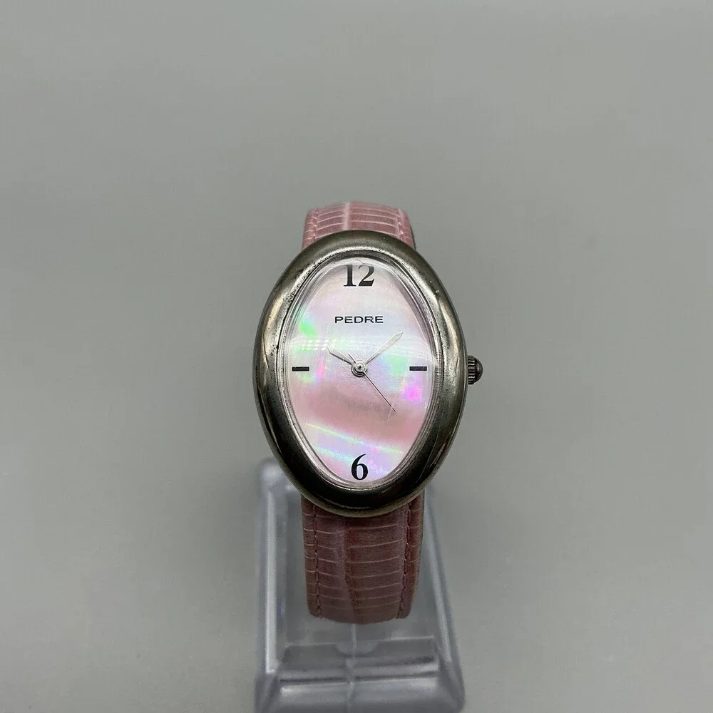 Pedre Womens Dress Watch 25mm Pink MOP Oval Silver Tone Leather New Battery